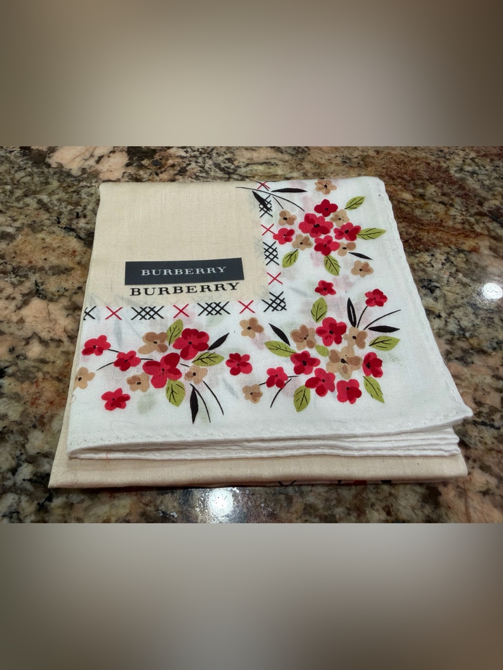 Burberry Tan Cotton Floral Pocket Square/Handkerchief with Floral Accent